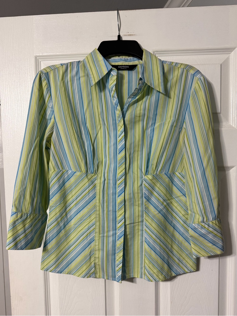 Express Stretch Striped Button-Front Blouse in Lime Green & Sky Blue